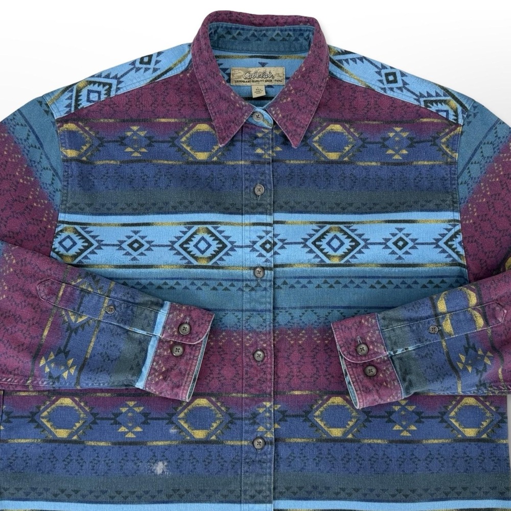 Cabela's Womens L Southwestern Geometric Flannel Shirt Blue Cotton Button Up - Picture 4 of 7